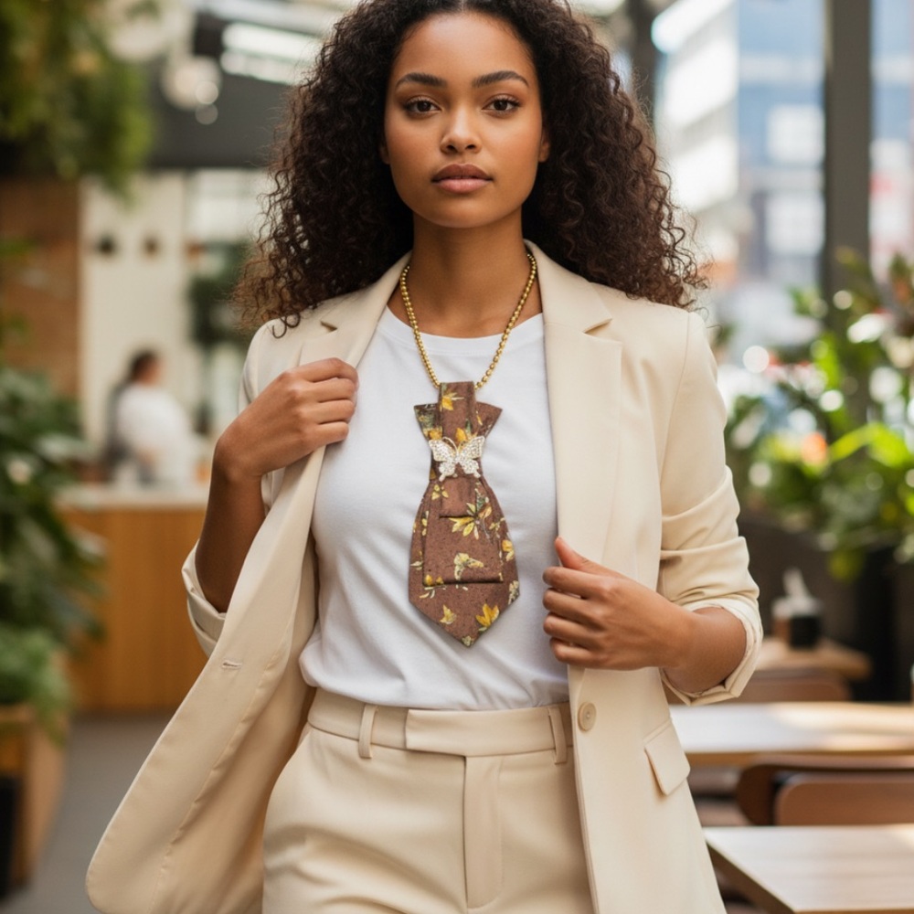 “Dainty Dapper”Brown Floral Necktie necklace with Butterfly Accent